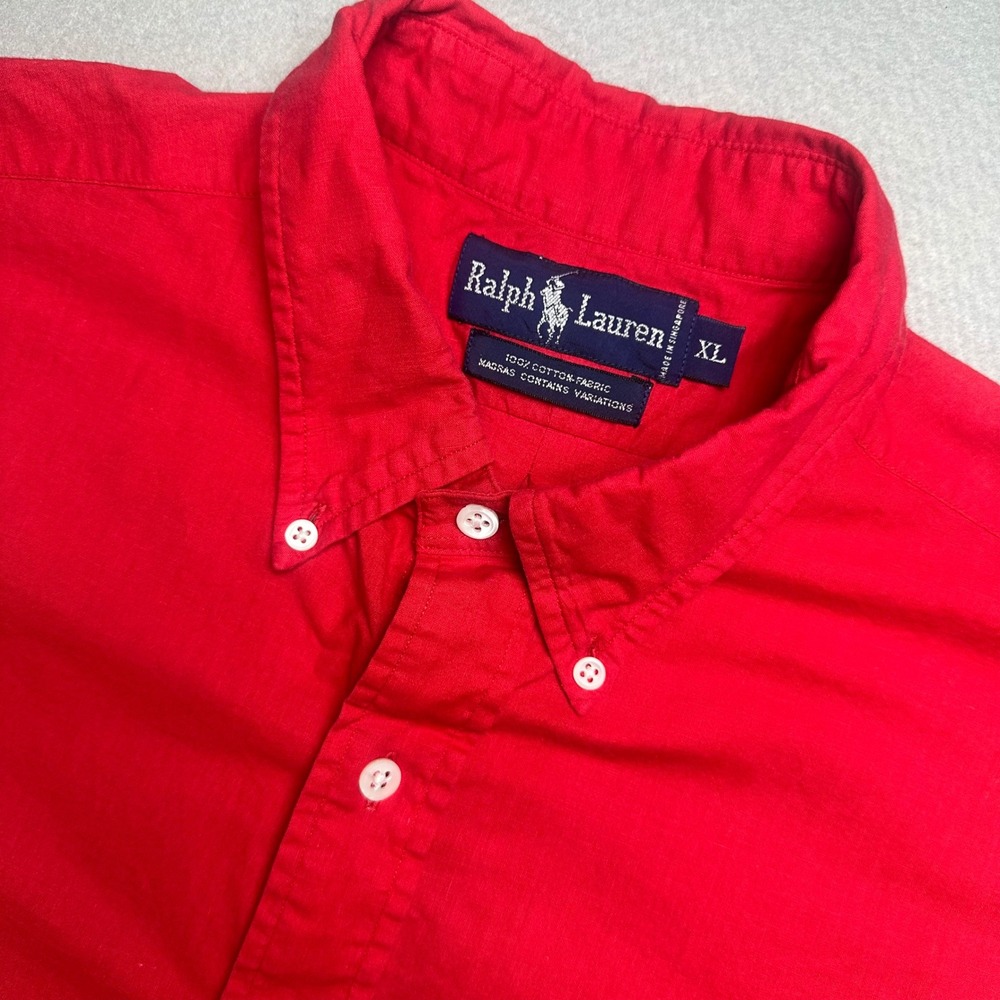 Ralph Lauren Button Down Shirt Mens XL Red Short Sleeve Madras Cotton